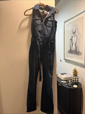 Sleeveless Dark Denim Jumpsuit Jeans - Classic Black